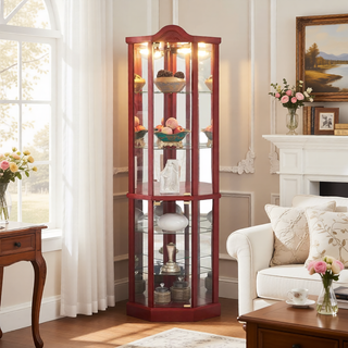Sunvega Antique Glass Corner Curio Cabinet with Adjustable Shelves and Built-in Light