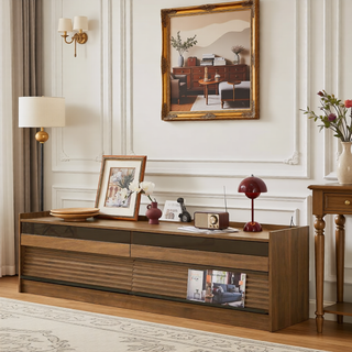 Sunvega Modern TV Stand with Four Tempered Glass Drawers and Built-in Charging Ports
