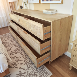 Sunvega Modern Natural Rattan 6 Drawer Dresser with Wood Legs for Bedroom Storage