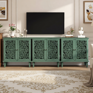Sunvega Antique Green Buffet Cabinet with Floral Carvings and Solid Wood Legs for Living Room
