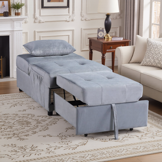 Sunvega Dark Blue Velvet Tufted Solid Wood Lift Top Storage Bench with Pull-out Ottoman
