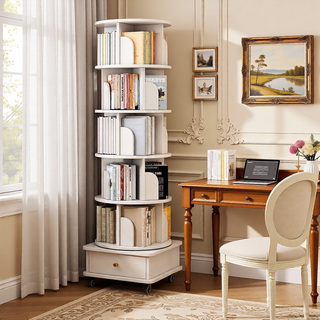 Sunvega 360° Rotating Bookshelf with Wheels and Drawer for Space-Saving Storage