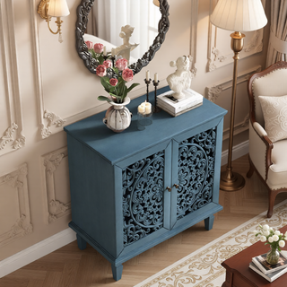 Sunvega Antique Green Buffet Cabinet with Floral Carvings and Solid Wood Legs for Living Room