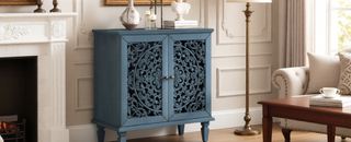 Sunvega Antique Green Buffet Cabinet with Floral Carvings and Solid Wood Legs for Living Room