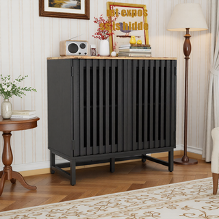 Sunvega Mid Century Modern Nightstand with Grille Striped Doors and Metal Legs