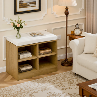 Sunvega Entryway Cabinet with Shoe Bench, 3-Tier Adjustable Shelves and Wavy Slatted Door