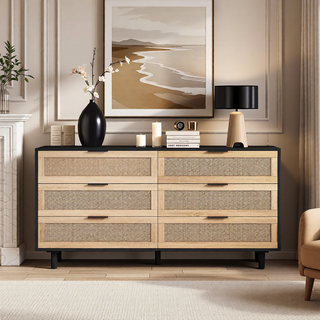 Sunvega 6 Drawer Rattan Dresser with Metal Handle and Wood Legs for Bedroom Storage