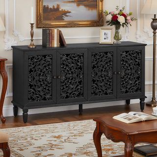 Sunvega Antique Green Buffet Cabinet with Floral Carvings and Solid Wood Legs for Living Room