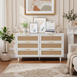 Sunvega Modern Natural Rattan 6 Drawer Dresser with Wood Legs for Bedroom Storage