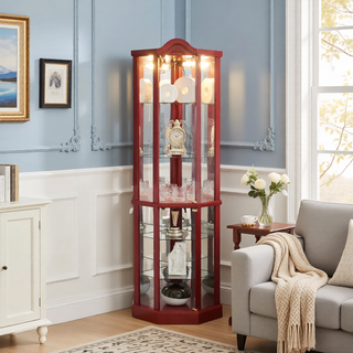Sunvega Antique Glass Corner Curio Cabinet with Adjustable Shelves and Built-in Light