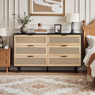 Sunvega Modern Natural Rattan 6 Drawer Dresser with Wood Legs for Bedroom Storage