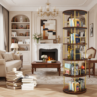 Sunvega 360° Rotating Bookshelf with Wheels and Drawer for Space-Saving Storage