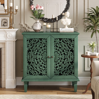 Sunvega Antique Green Buffet Cabinet with Floral Carvings and Solid Wood Legs for Living Room