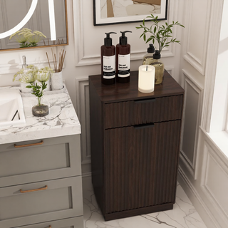 Sunvega Woodgrain Tilt-Out Trash Can Cabinet with Hideaway Drawer and Pull-Out Bin