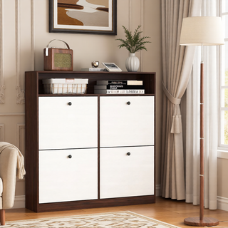 Sunvega 4 Tier Shoe Rack Organizer with Drawer and Two Adjustable White Door Shelves