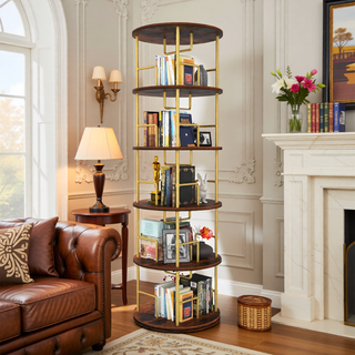 Sunvega 360° Rotating Bookshelf with Wheels and Drawer for Space-Saving Storage