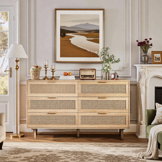 Sunvega Modern Natural Rattan 6 Drawer Dresser with Wood Legs for Bedroom Storage