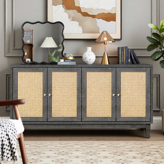 Sunvega Handcrafted Premium Grain Rattan Sideboard Storage Cabinet with 4 Doors