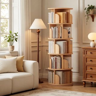 Sunvega 360° Rotating Bookshelf with Wheels and Drawer for Space-Saving Storage