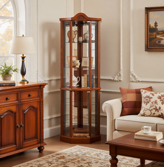 Sunvega Antique Glass Corner Cabinet with Adjustable Shelves and Built-in Light