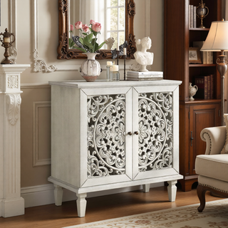 Sunvega Antique Green Buffet Cabinet with Floral Carvings and Solid Wood Legs for Living Room