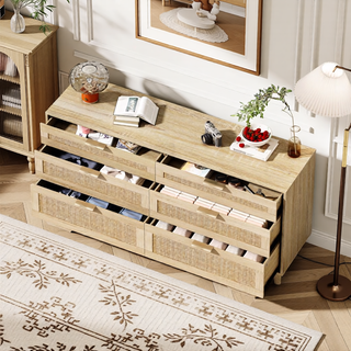Sunvega 6 Drawer Rattan Dresser with Metal Handle and Wood Legs for Bedroom Storage
