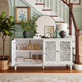 Sunvega Antique Green Buffet Cabinet with Floral Carvings and Solid Wood Legs for Living Room