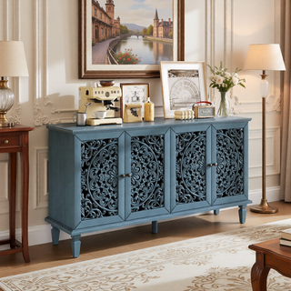 Sunvega Antique Green Buffet Cabinet with Floral Carvings and Solid Wood Legs for Living Room