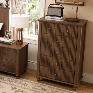 Sunvega Fluted 5 Drawer Dresser with Metal Handle and Wooden Top for Bedroom