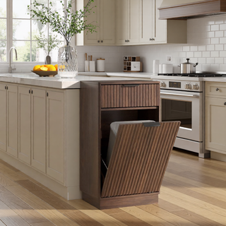 Sunvega Woodgrain Tilt-Out Trash Can Cabinet with Hideaway Drawer and Pull-Out Bin