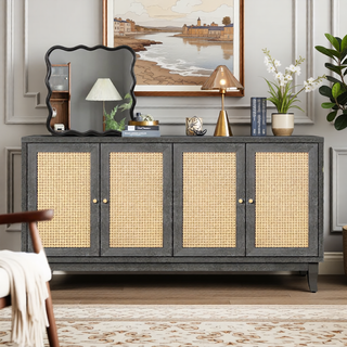 Sunvega Handcrafted Premium Grain Rattan Sideboard Storage Cabinet with 4 Doors