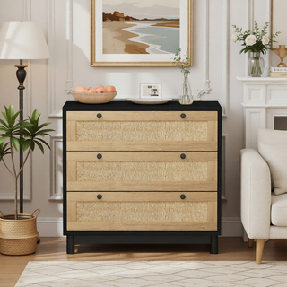 Sunvega Modern Oak Rattan Storage Cabinet with 3 Deep Drawers for Bedroom Living Room