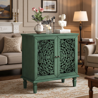 Sunvega Antique Green Buffet Cabinet with Floral Carvings and Solid Wood Legs for Living Room