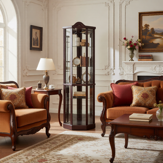 Sunvega Antique Glass Corner Cabinet with Adjustable Shelves and Built-in Light