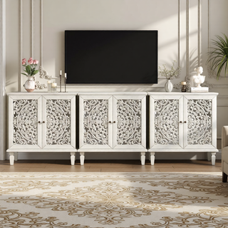Sunvega Antique Green Buffet Cabinet with Floral Carvings and Solid Wood Legs for Living Room