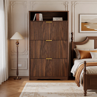 Sunvega Tall Modern Minimalist Shoe Cabinet with Two Flip Drawers and Wave-Patterned Panel