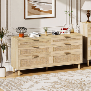 Sunvega 6 Drawer Rattan Dresser with Metal Handle and Wood Legs for Bedroom Storage