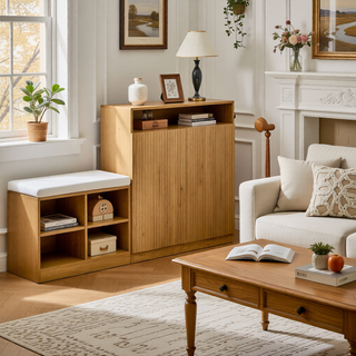 Sunvega Entryway Cabinet with Shoe Bench, 3-Tier Adjustable Shelves and Wavy Slatted Door