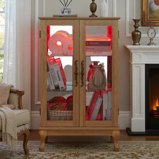 Sunvega American Retro Style Glass Curio Cabinet with Illuminated Display and Mirrored Back