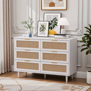 Sunvega Modern Natural Rattan 6 Drawer Dresser with Wood Legs for Bedroom Storage