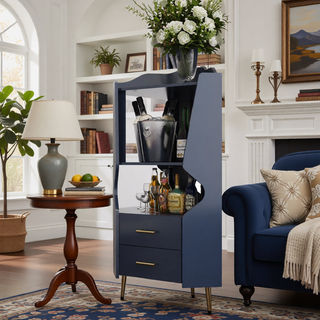 Sunvega Corner Bar Cabinet with Mirrored Back and 2 Drawers for Living Room