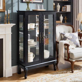 Sunvega American Retro Style Glass Curio Cabinet with Illuminated Display and Mirrored Back