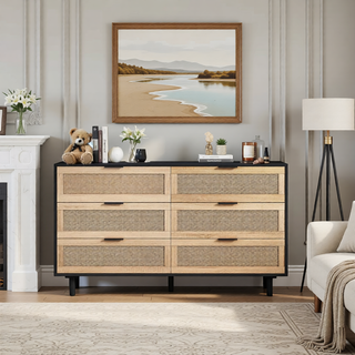 Sunvega Modern Natural Rattan 6 Drawer Dresser with Wood Legs for Bedroom Storage