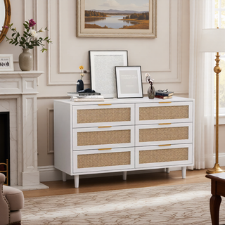 Sunvega Modern Natural Rattan 6 Drawer Dresser with Wood Legs for Bedroom Storage