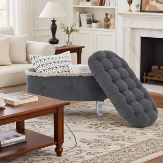 Sunvega Orange Upholstered Button-Tufted Storage Ottoman Bench with Fringe for Bedroom