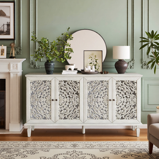 Sunvega Antique Green Buffet Cabinet with Floral Carvings and Solid Wood Legs for Living Room