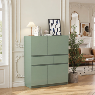 Sunvega White Wooden Storage Cabinet with 4 Doors and 2 Drawers for Living Room