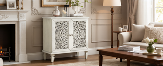 Sunvega Antique Green Buffet Cabinet with Floral Carvings and Solid Wood Legs for Living Room