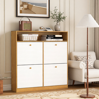 Sunvega 4 Tier Shoe Rack Organizer with Drawer and Two Adjustable White Door Shelves