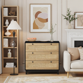Sunvega Modern Oak Rattan Storage Cabinet with 3 Deep Drawers for Bedroom Living Room